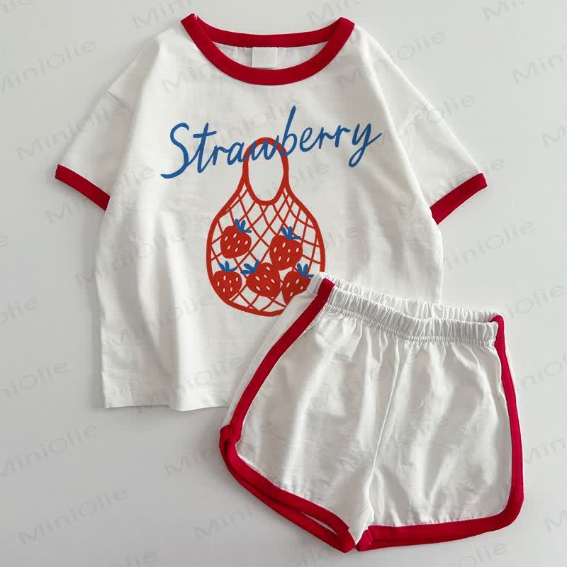 STRAWBERRY柄ベビーTシャツ＆ショートパンツ 2点セット - 白と赤 - 3～5歳 - image 1