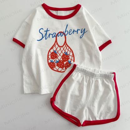 STRAWBERRY柄ベビーTシャツ＆ショートパンツ 2点セット - 白と赤 - 3～5歳 - image 1