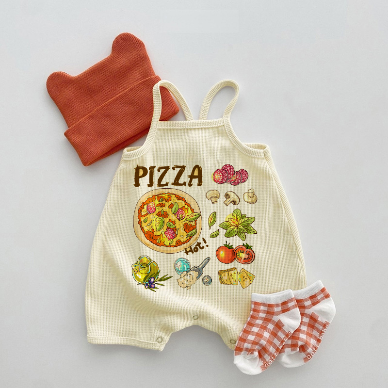 PIZZA柄！ベビーフードプリント ベージュ ワッフルサスペンダーロンパース - ベージュ - 18～24ヶ月 - image 1