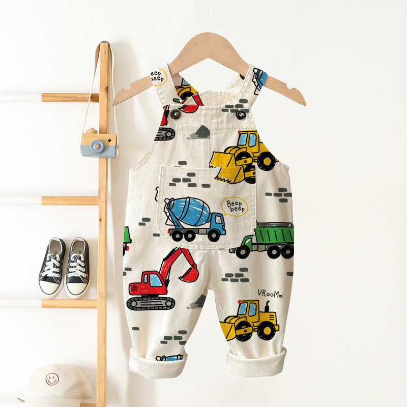 ベビー幼児用ショベルカー柄ベージュポケット付きオーバーオール - ベージュ - 3～5歳 - image 1