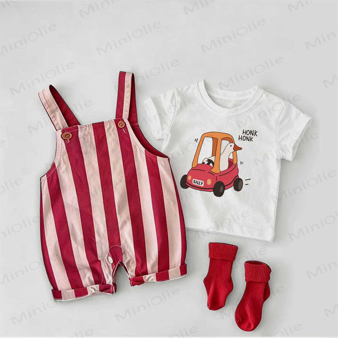 HONK HONKベビーグース レッドストライプオーバーオールとホワイトTシャツのツーピースセット - 白と赤 - 2～3歳 - image 1