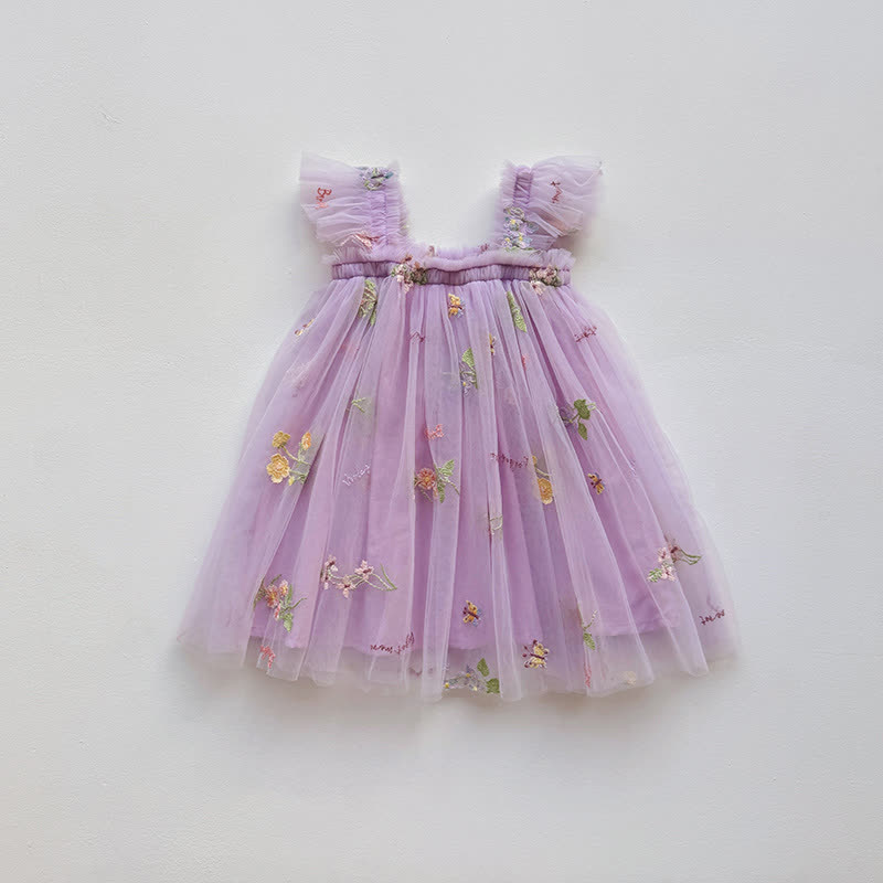 幼児用女の子用フラワーメッシュフライングスリーブDress - 紫 - 5～7歳 - image 8