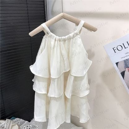 幼児用女の子向けコットンフリル付き無地ホワイトノースリーブDress - image 3