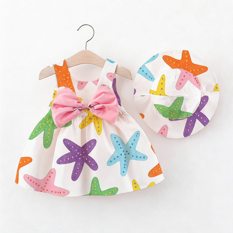 女の子用カラフルなヒトデ柄リボン付きDress（帽子付き） - 白 - 2～3歳 - image 1