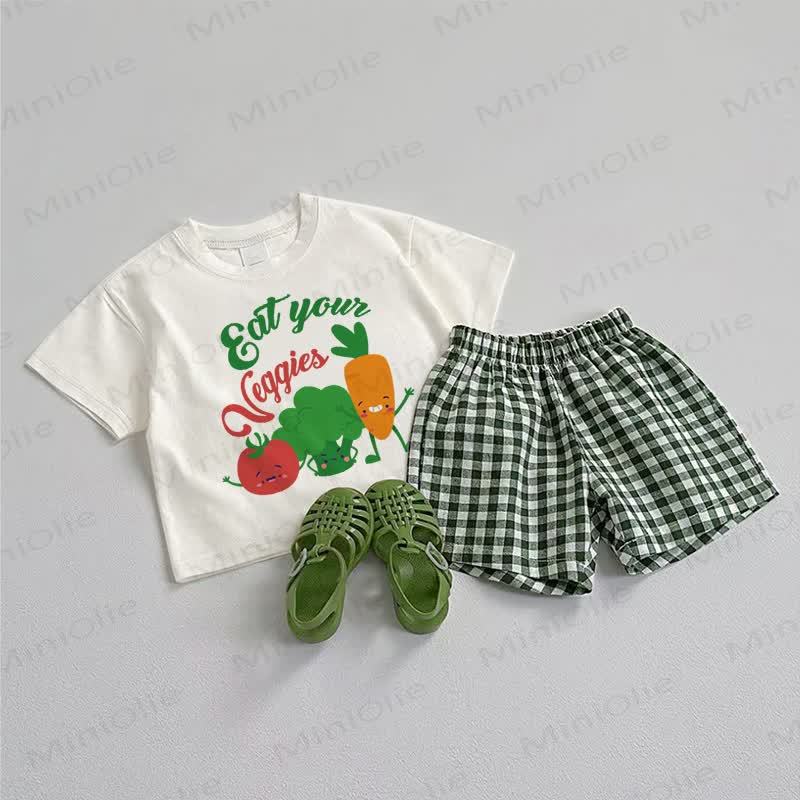 EAT YOUR VEGGIES！ベビーTシャツ＆ショートパンツ 2点セット - ホワイト＆グリーン - 3～5歳 - image 1