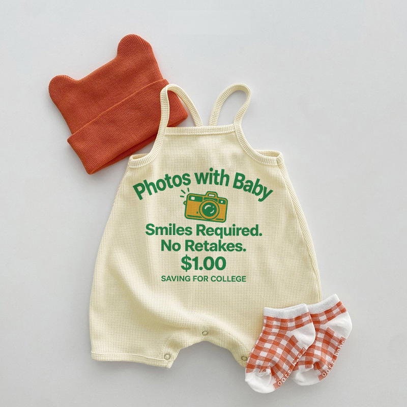 PHOTOS WITH BABY SMILES REQUIRED. NO RETAKES.ベージュワッフルサスペンダーロンパース - ベージュ - 18～24ヶ月 - image 1
