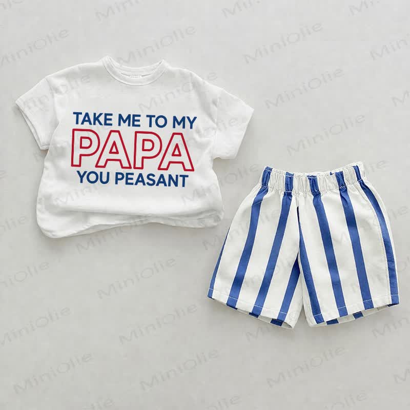 「TAKE ME TO MY PAPA YOU PEASANTスローガン入りブルーの縦縞2点セット - ホワイト＆ブルー - 2～3歳 - image 1
