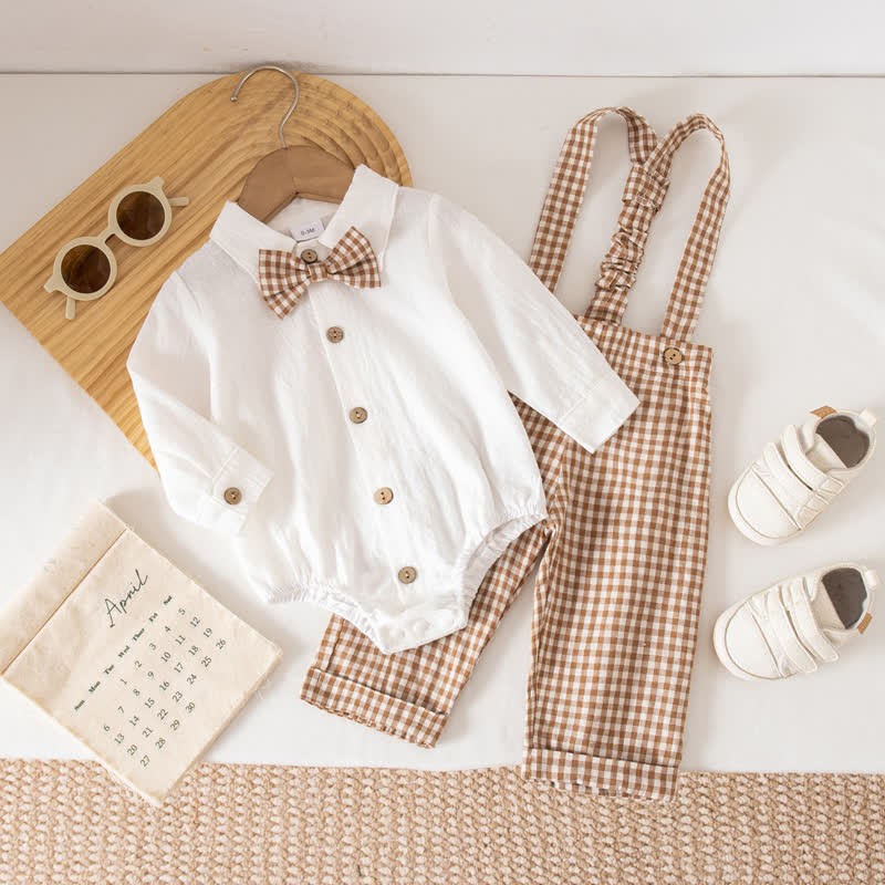 男の子用チェック柄ボディスーツオーバーオール2点セット - カーキ - 12～18ヶ月 - image 15