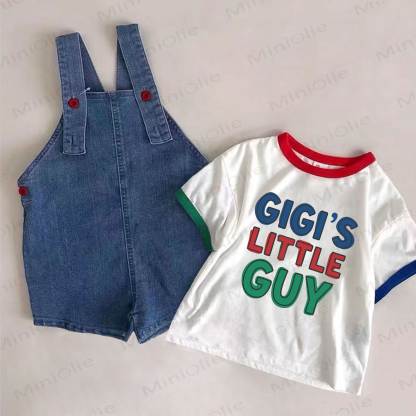 GIGI'S LITTLE GUYベビーデニムブルーオーバーオールとホワイトTシャツのツーピースセット - ホワイト＆ブルー - 2～3歳 - image 1