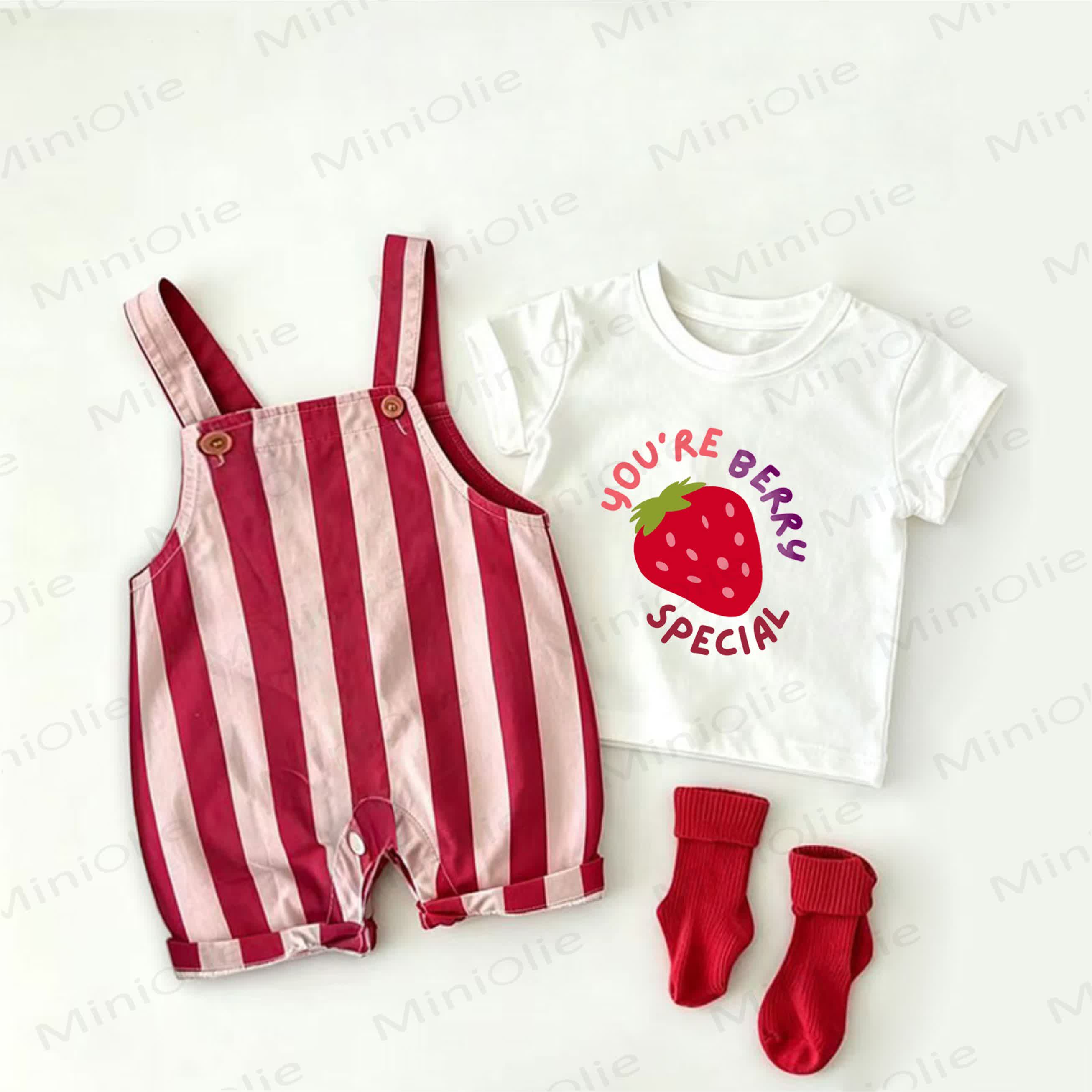 「YOU'RE BERRY SPECIAL」ベビー用スローガン入り赤ストライプオーバーオールと白Tシャツのツーピースセット - 白と赤 - 2～3歳 - image 1