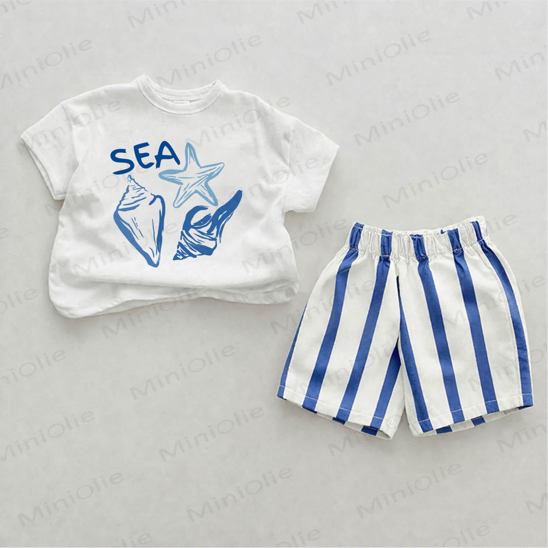 SEAベビーシェルプリント ブルー縦ストライプ ツーピースショーツセット - ホワイト＆ブルー - 2～3歳 - image 1