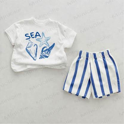 SEAベビーシェルプリント ブルー縦ストライプ ツーピースショーツセット - ホワイト＆ブルー - 2～3歳 - image 1