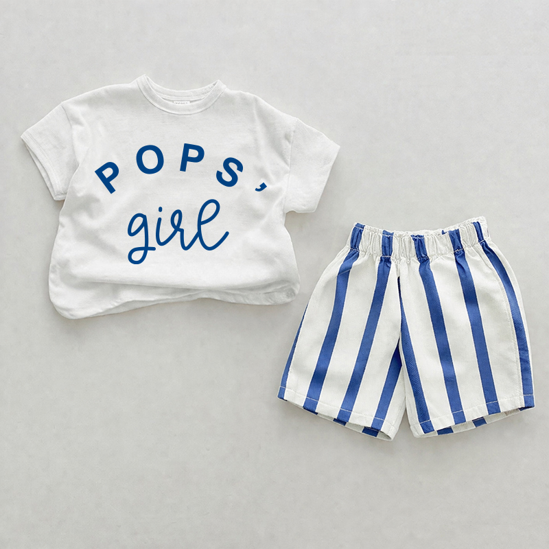 POPS' GIRLベビーブルー 縦ストライプ ツーピース ショートパンツセット - ホワイト＆ブルー - 2～3歳 - image 1