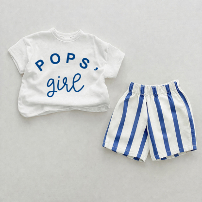 POPS' GIRLベビーブルー 縦ストライプ ツーピース ショートパンツセット - ホワイト＆ブルー - 2～3歳 - image 1