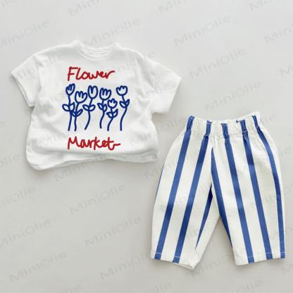 FLOWER MARKETベビーブルー 縦ストライプパンツ 2点セット - ホワイト＆ブルー - 2～3歳 - image 1
