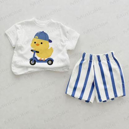 ひよこ柄縦縞模様の2点セット - ホワイト＆ブルー - 2～3歳 - image 1