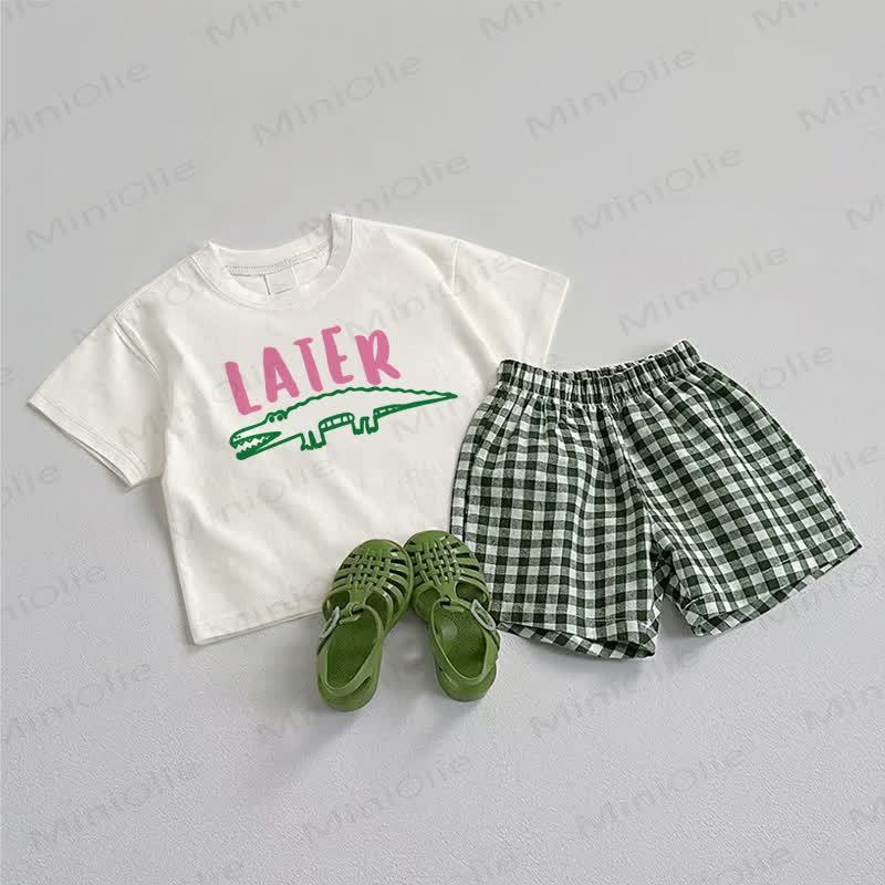  LATERベビークロコダイル柄Tシャツ＆ショートパンツ 2点セット - ホワイト＆グリーン - 3～5歳 - image 1