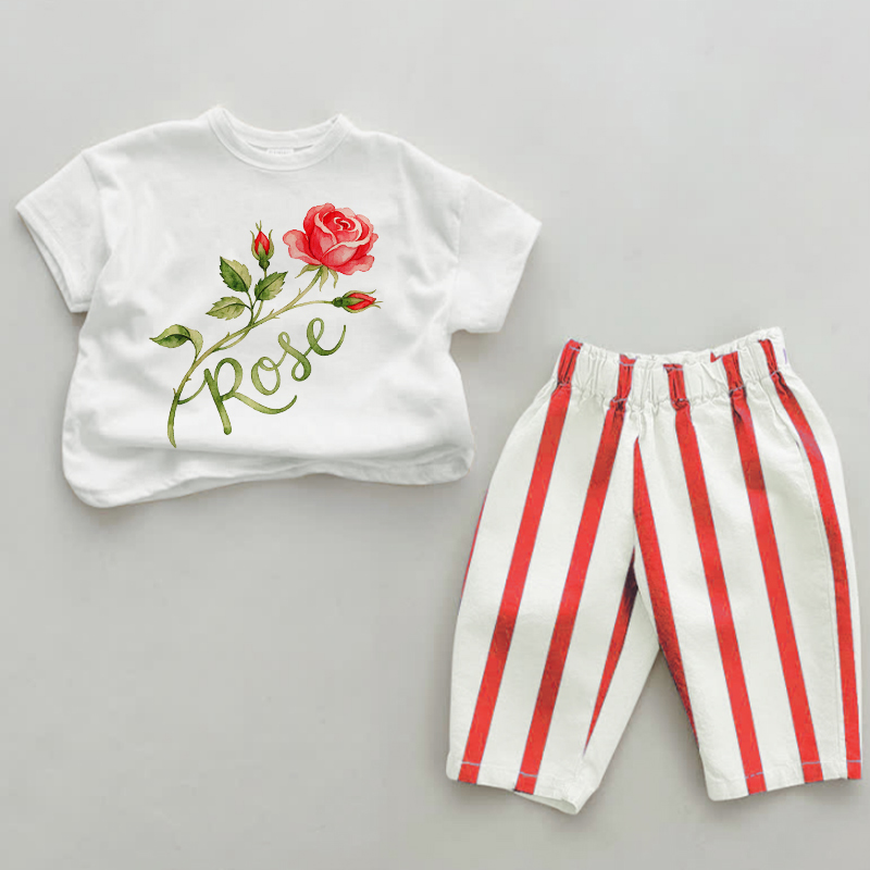 ROSEベビーレッド フラワー 縦ストライプ 2点セット - 白と赤 - 2～3歳 - image 1