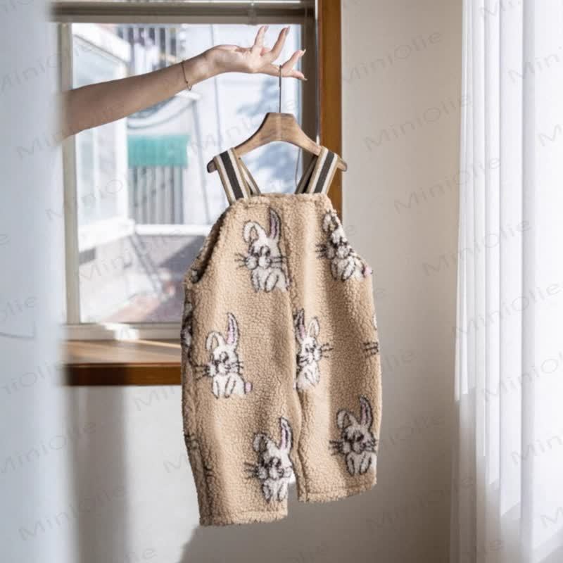 ベビーベージュバニー/ダークブルーチェックフリースオーバーオール - ベージュ - 2～3歳 - image 5