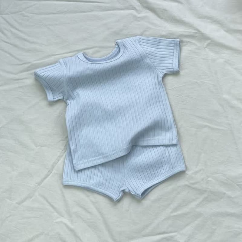 ベビー・幼児用無地リブ編みTシャツ＆ショートパンツ2点セット - 青 - 1.5-2T - image 5