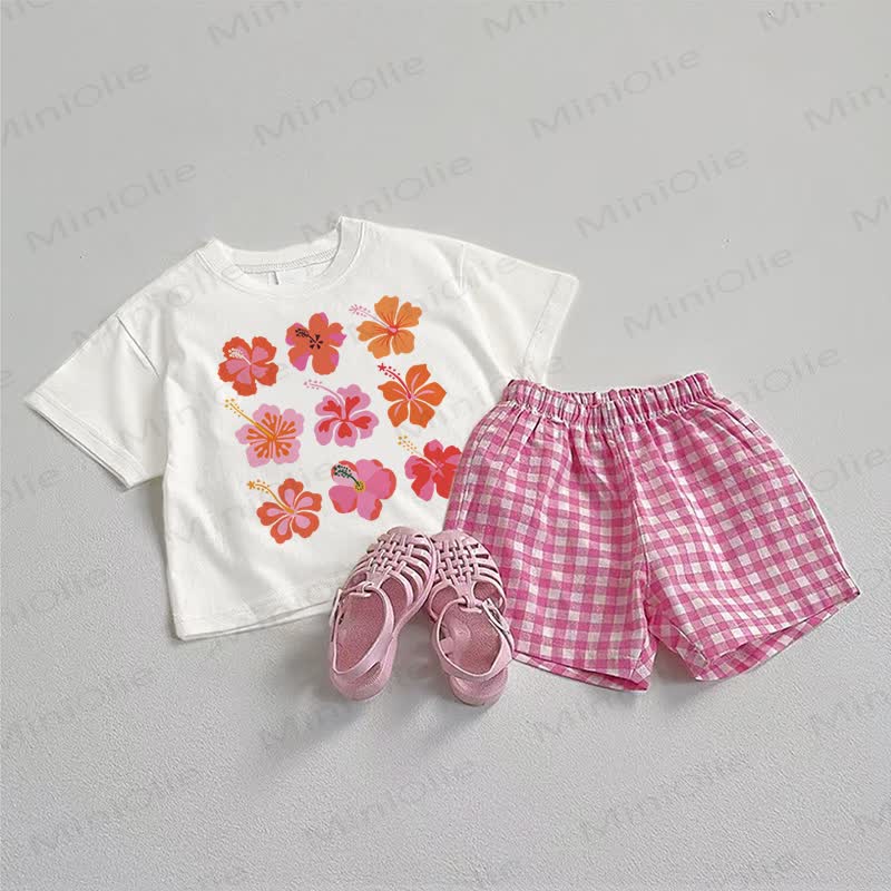 ベビーフラワーピンクのTシャツとチェック柄ショートパンツの2点セット - ホワイト＆ピンク - 3～5歳 - image 1