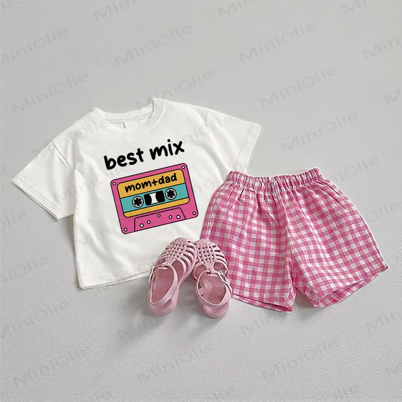 BEST MIXMOM＆パパ ベビープリントTシャツとチェック柄ショートパンツ 2点セット - ホワイト＆ピンク - 3～5歳 - image 1
