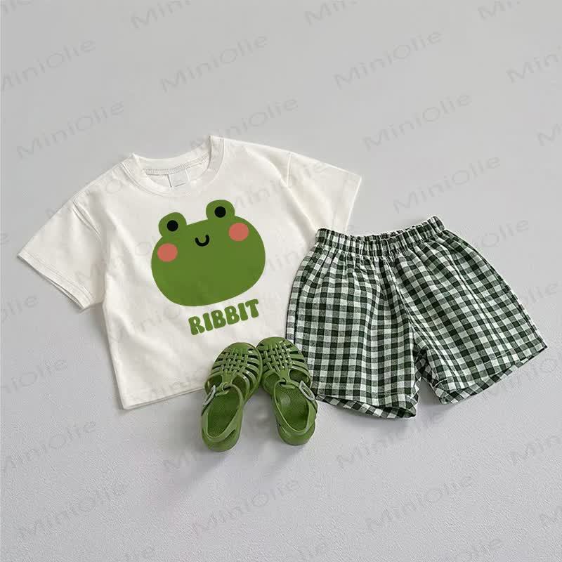 RABBITベビーTシャツとチェック柄ショートパンツの2点セット - ホワイト＆グリーン - 3～5歳 - image 1