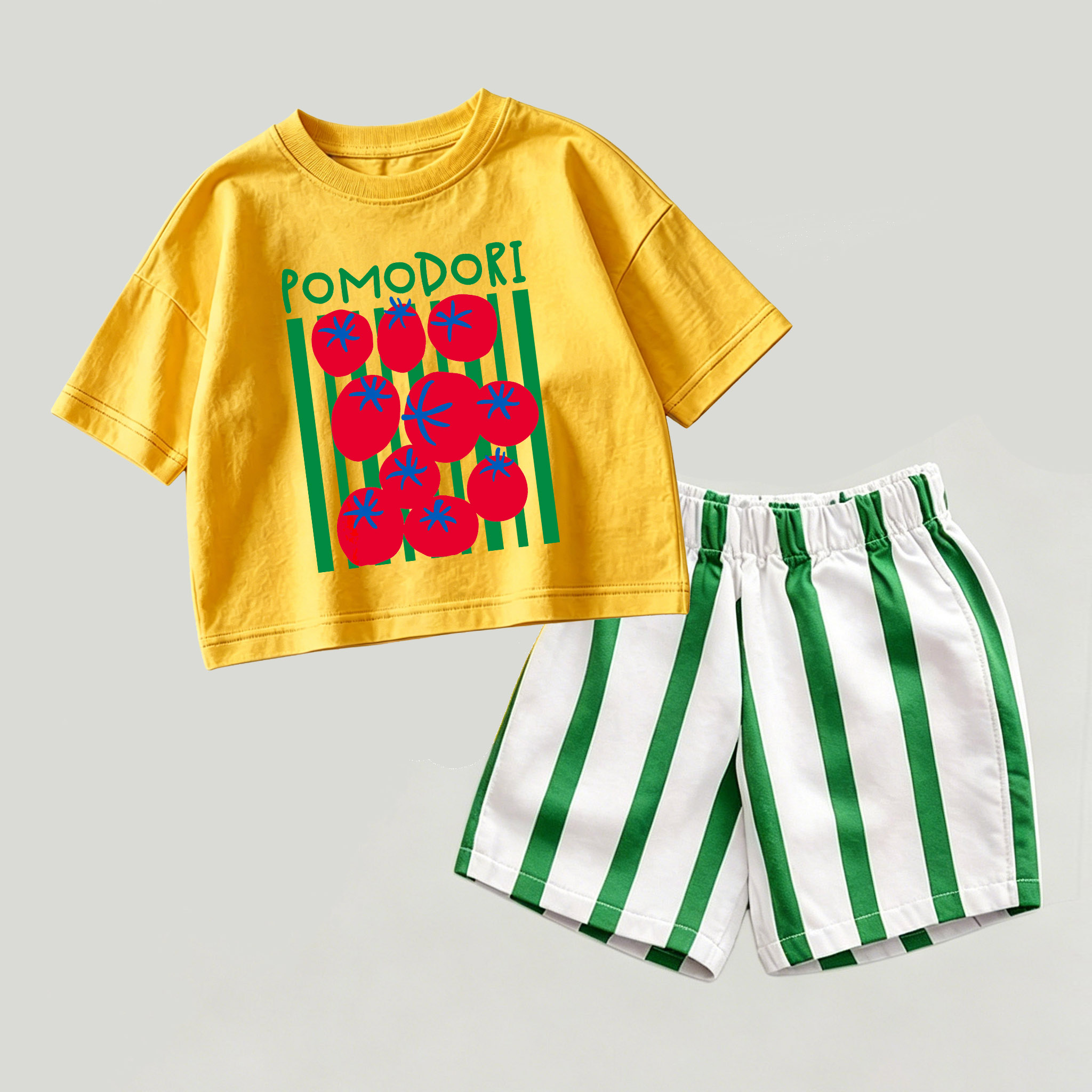 POMODORIベビー イエロー＆グリーン トップスとストライプ ショートパンツ 2点セット - 黄色と緑 - 2～3歳 - image 1