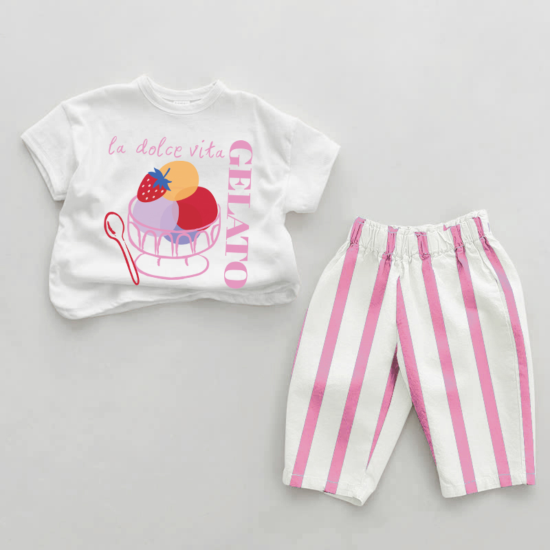 LA DOLCE VITA GELATOベビーガール ピンク 縦ストライプ 2点セット - ホワイト＆ピンク - 2～3歳 - image 1