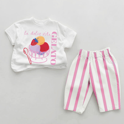 LA DOLCE VITA GELATOベビーガール ピンク 縦ストライプ 2点セット - ホワイト＆ピンク - 2～3歳 - image 1