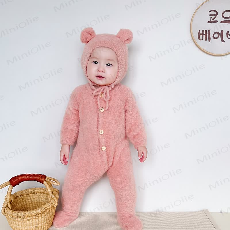 ベビー用フリース素材のクマ耳付き足つきロンパース（帽子付き） - image 13