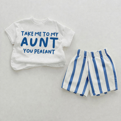 TAKE ME TO MY AUNT YOU PEASANT！ベビーブルーの縦縞模様のツーピースショーツセット - ホワイト＆ブルー - 2～3歳 - image 1