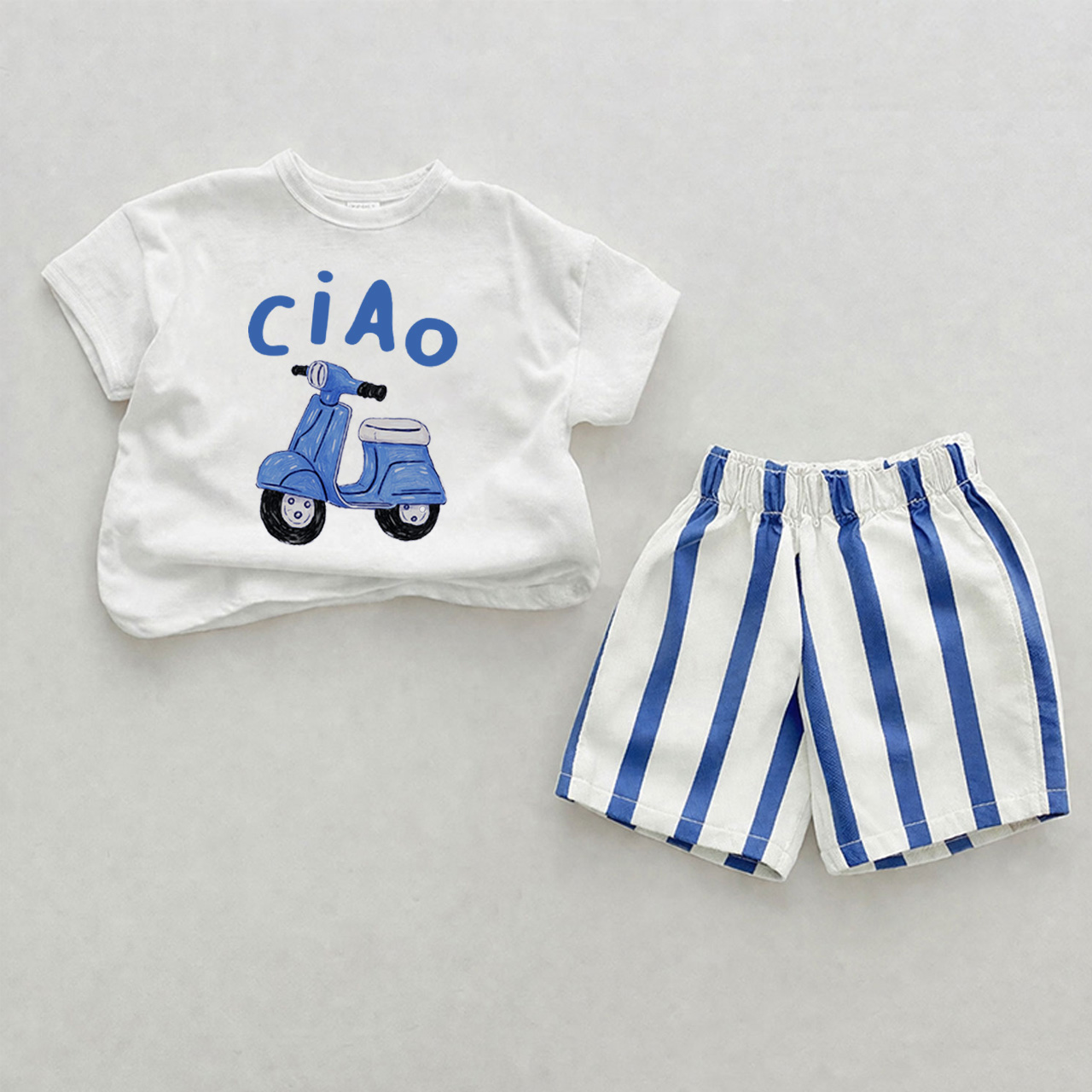 CIAOベビーブルー 縦ストライプ ツーピース ショートパンツセット - ホワイト＆ブルー - 2～3歳 - image 1