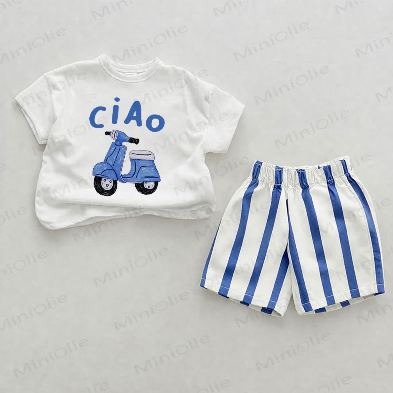 CIAOベビーブルー 縦ストライプ ツーピース ショートパンツセット - ホワイト＆ブルー - 2～3歳 - image 1
