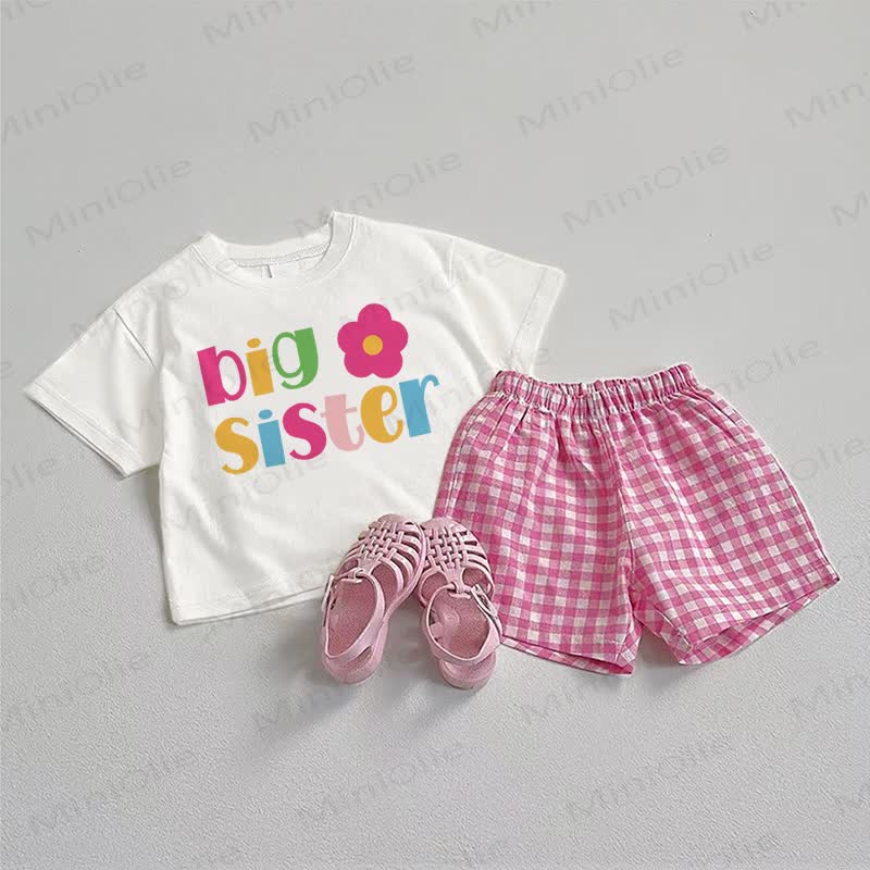 お姉ちゃんBIG SISTERTシャツとチェック柄ショートパンツのツーピースセット - ホワイト＆ピンク - 3～5歳 - image 1