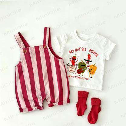 レッドホットシルペッパーGOODタイムネバー ベビーペッパープリント レッドストライプオーバーオールとホワイトTシャツの2点セット - 白と赤 - 2～3歳 - image 1