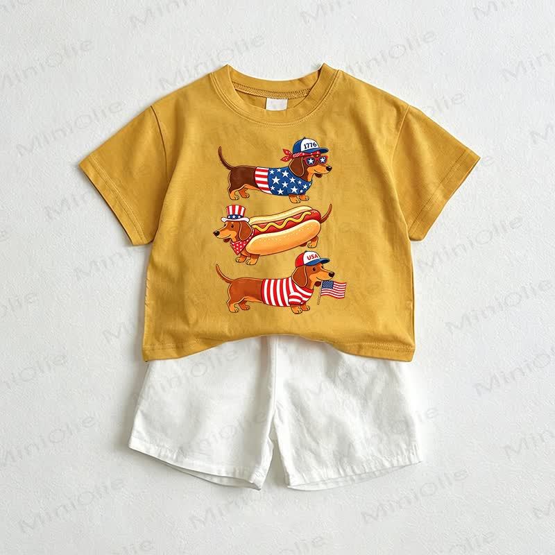 ベビー用ホットドッグTシャツ＆ショーツ2点セット - 黄色と白 - 3～5歳 - image 1