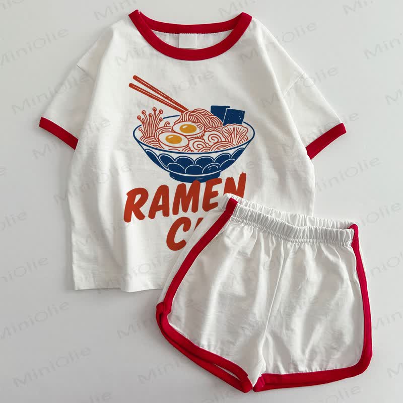 RAMEN CLUBベビーTシャツ＆ショートパンツ 2点セット - 白と赤 - 3～5歳 - image 1