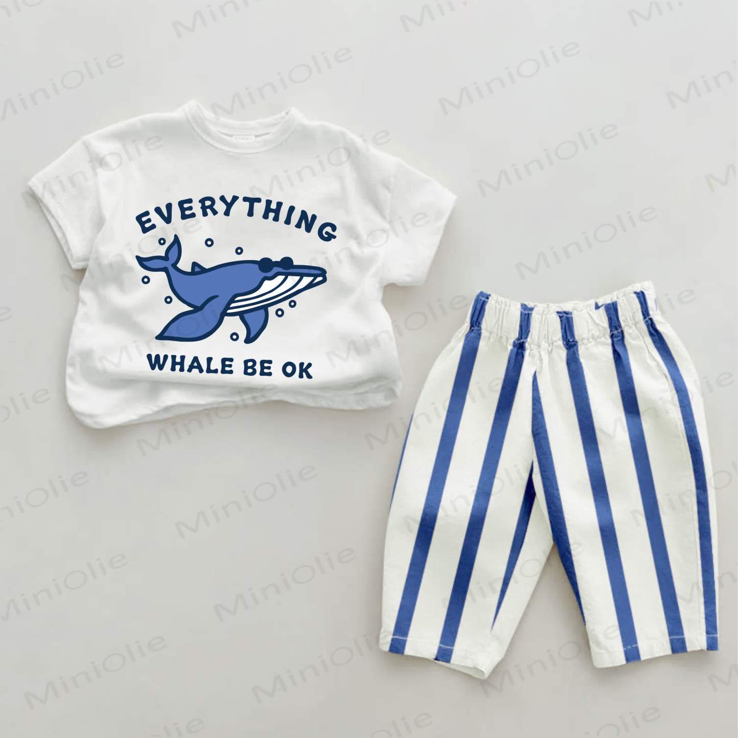EVERYTHING WHALE BE OKベビークジラ柄 ブルー 縦ストライプ 2点セット - ホワイト＆ブルー - 2～3歳 - image 1