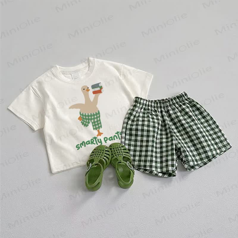 SMARTY PANTSベビーダックTシャツとチェック柄ショートパンツの2点セット - ホワイト＆グリーン - 3～5歳 - image 1