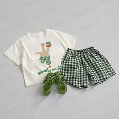 SMARTY PANTSベビーダックTシャツとチェック柄ショートパンツの2点セット - ホワイト＆グリーン - 3～5歳 - image 1