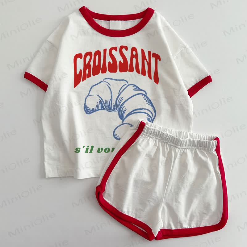 CROISSANTベビーTシャツ＆ショートパンツ 2点セット - 白と赤 - 3～5歳 - image 1