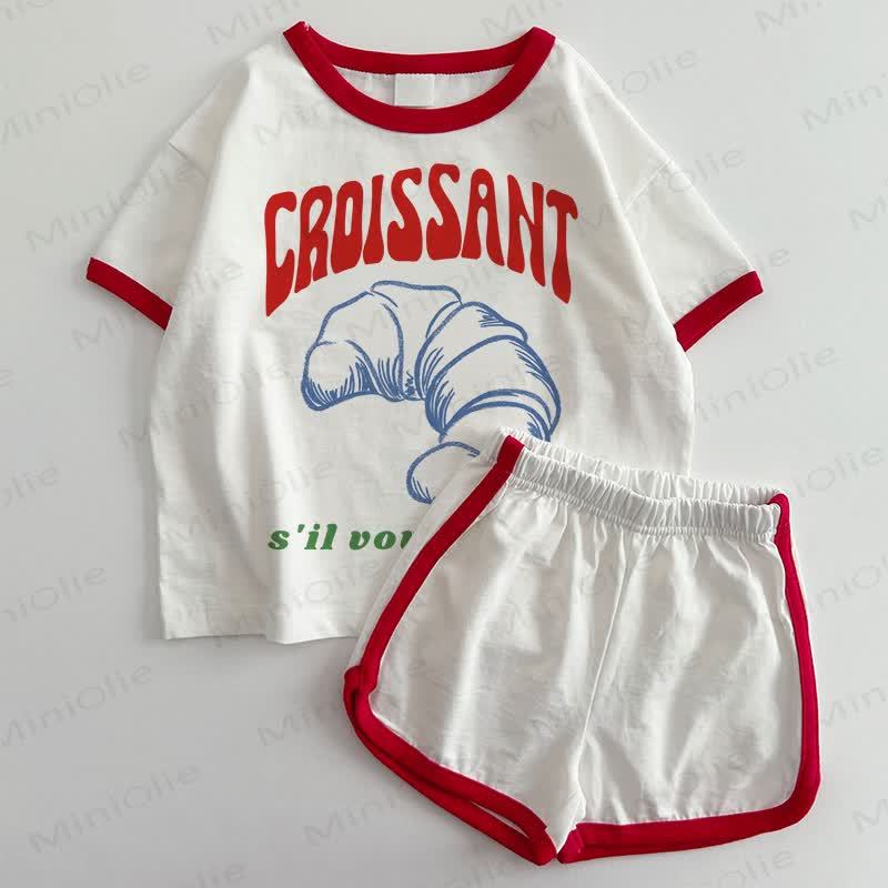 CROISSANTベビーTシャツ＆ショートパンツ 2点セット - 白と赤 - 3～5歳 - image 1