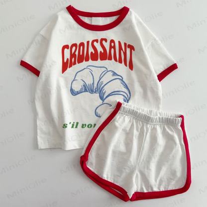 CROISSANTベビーTシャツ＆ショートパンツ 2点セット - 白と赤 - 3～5歳 - image 1