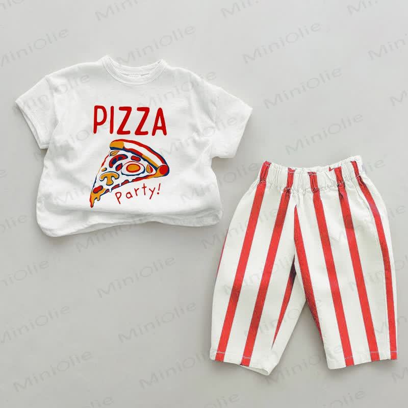 PIZZA PARTY!ベビー用ピザ柄赤ストライプ2点セット - 白と赤 - 2～3歳 - image 1