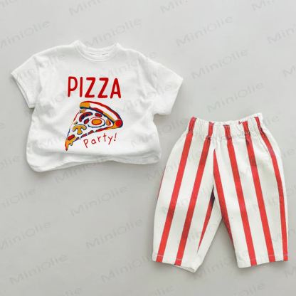 PIZZA PARTY!ベビー用ピザ柄赤ストライプ2点セット - 白と赤 - 2～3歳 - image 1
