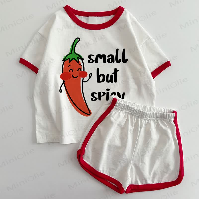 SMALL BUT SPICYベビーTシャツとショートパンツの2点セット - 白と赤 - 3～5歳 - image 1