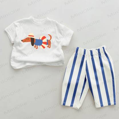 ダックスフンド柄のベビー服（ブルーの縦縞模様）2点セット - ホワイト＆ブルー - 2～3歳 - image 1