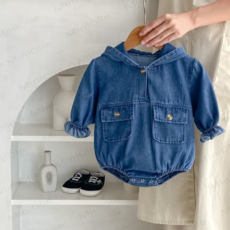 ベビーデニムポケットフード付きボディスーツ - image 3