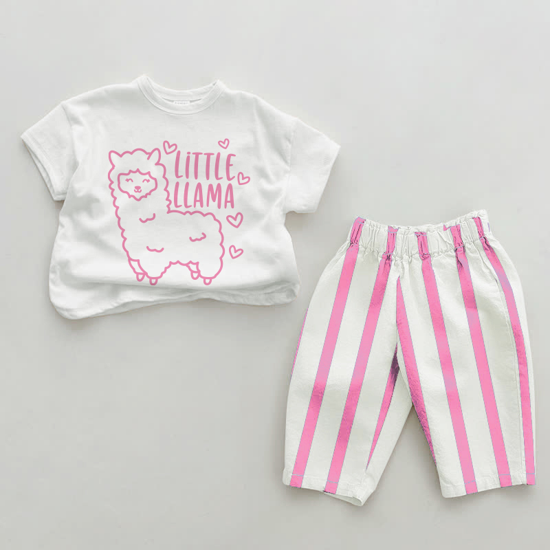 LITTLE LLAMAベビーハート ピンク 縦ストライプ 2点セット - ホワイト＆ピンク - 2～3歳 - image 1